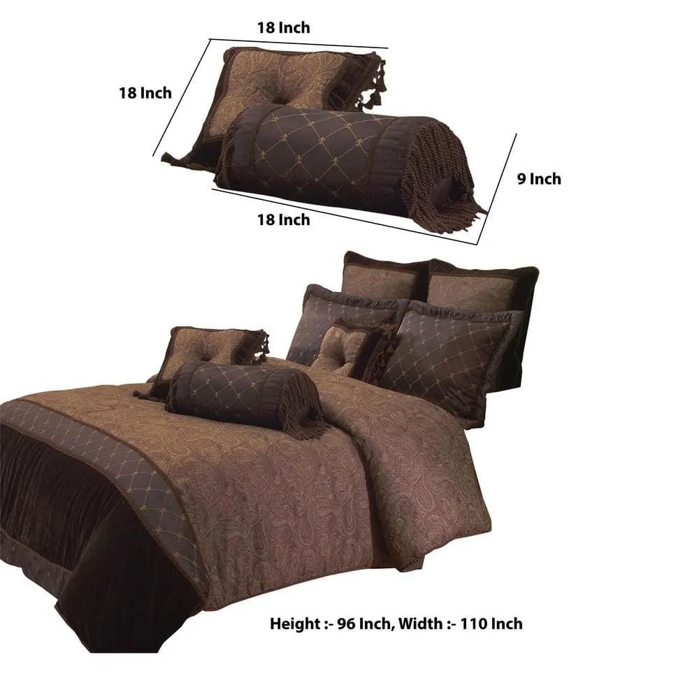 10 Piece King Polyester Comforter Set with Paisley Pattern Design, Brown By Casagear Home