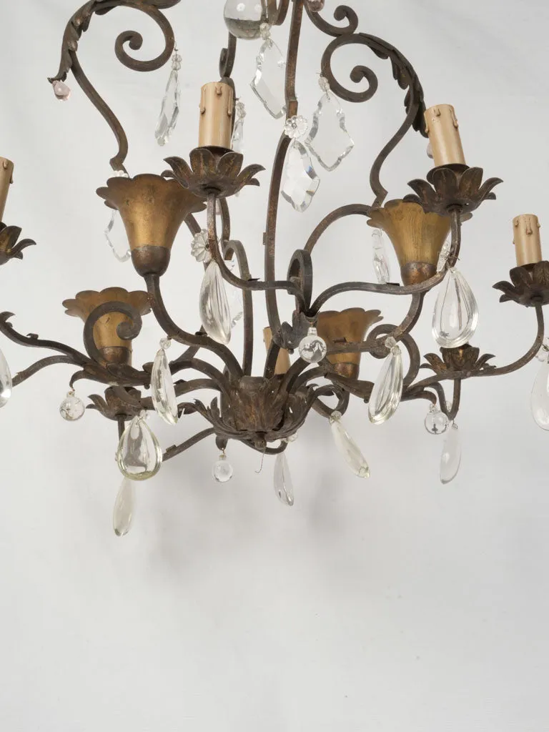 19th Century Wrought Iron Chandelier with Crystal and Amber Drops 33¾"