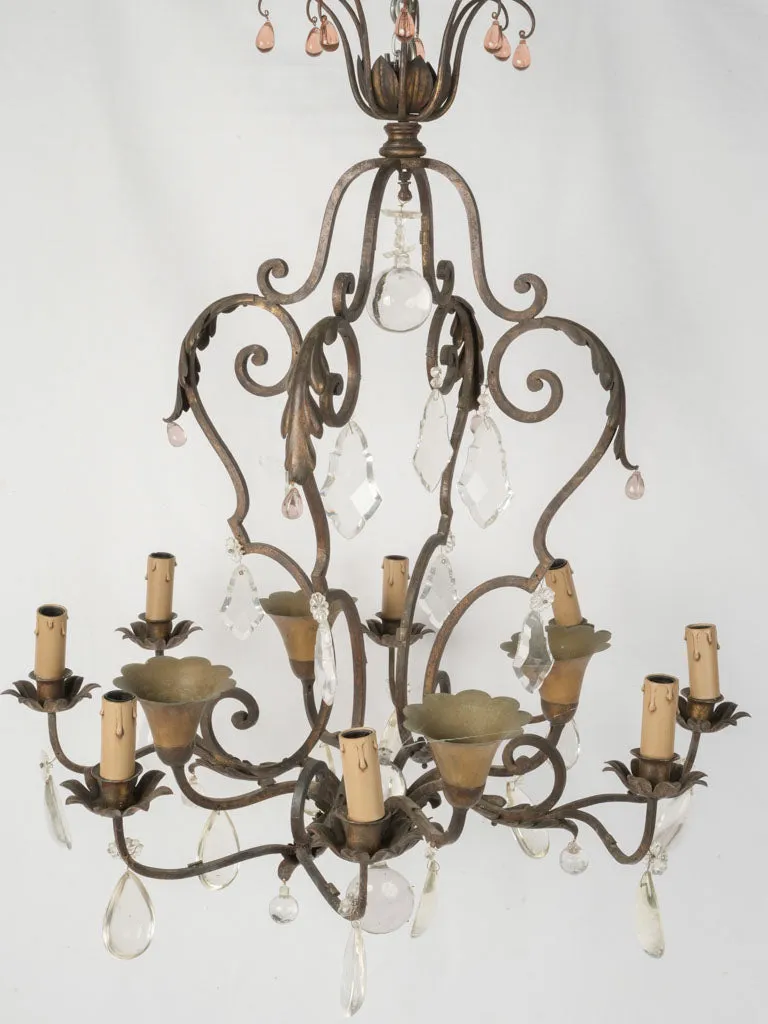 19th Century Wrought Iron Chandelier with Crystal and Amber Drops 33¾"