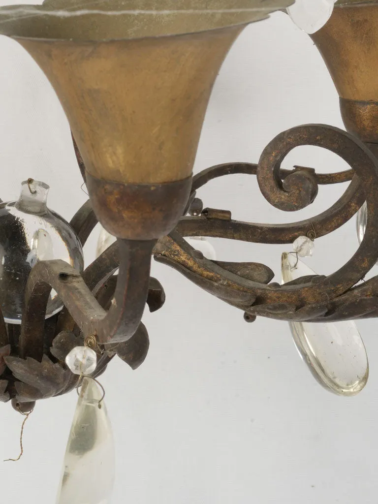 19th Century Wrought Iron Chandelier with Crystal and Amber Drops 33¾"