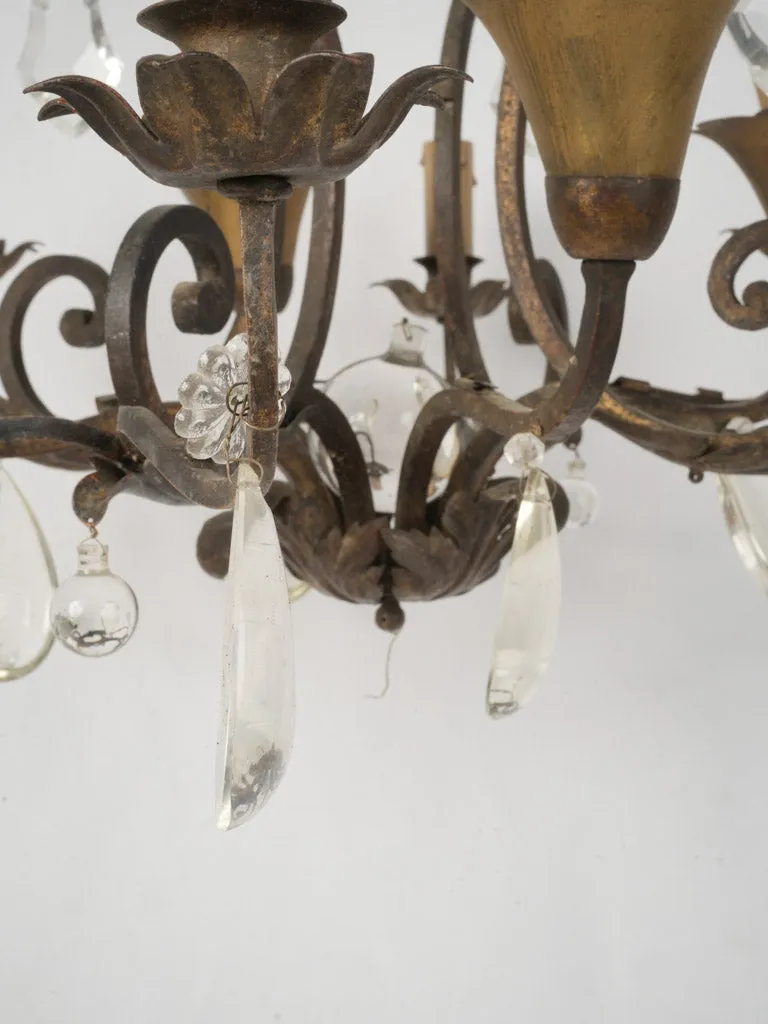 19th Century Wrought Iron Chandelier with Crystal and Amber Drops 33¾"