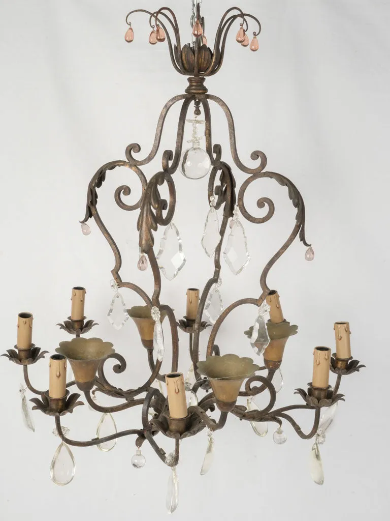 19th Century Wrought Iron Chandelier with Crystal and Amber Drops 33¾"