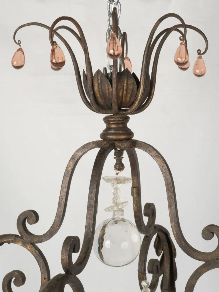 19th Century Wrought Iron Chandelier with Crystal and Amber Drops 33¾"