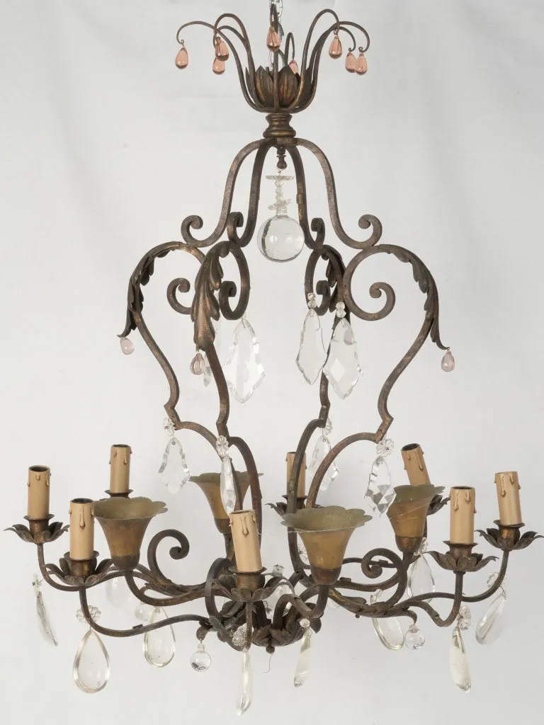 19th Century Wrought Iron Chandelier with Crystal and Amber Drops 33¾"