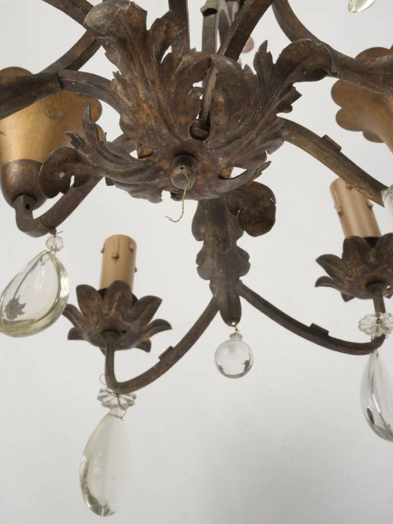 19th Century Wrought Iron Chandelier with Crystal and Amber Drops 33¾"