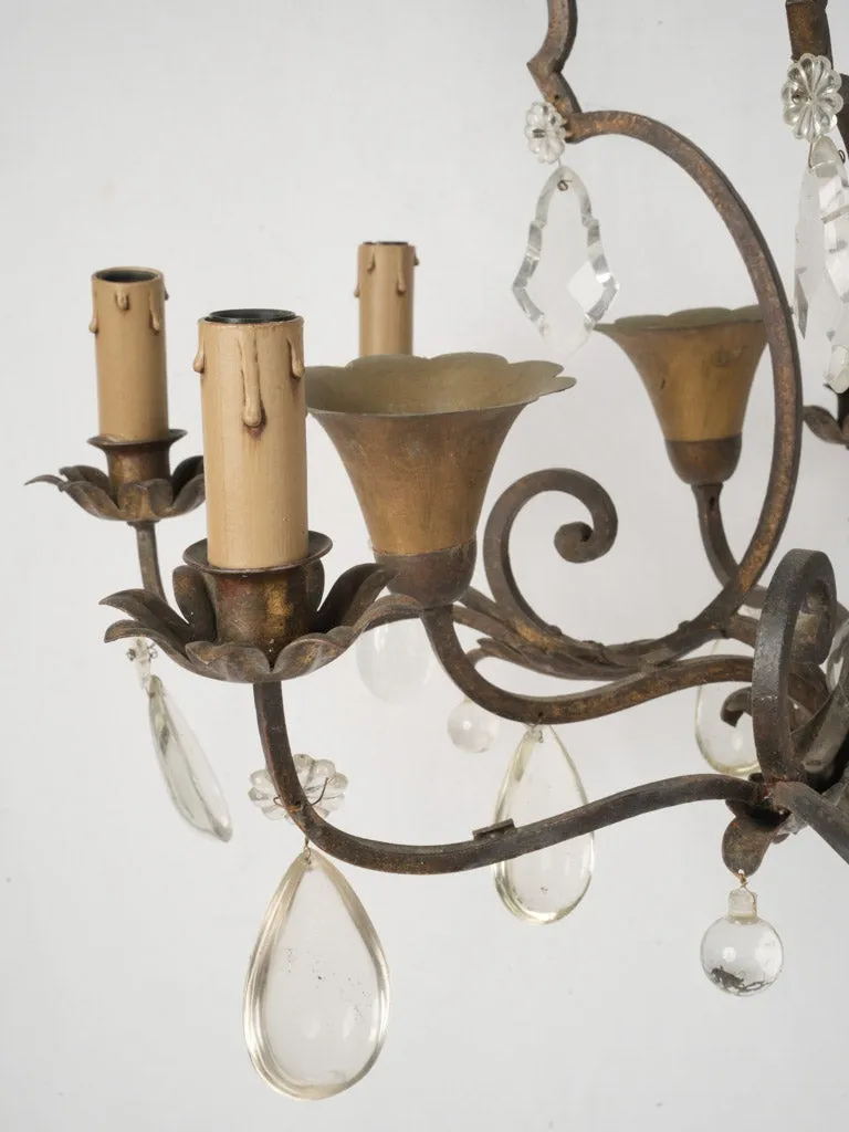 19th Century Wrought Iron Chandelier with Crystal and Amber Drops 33¾"