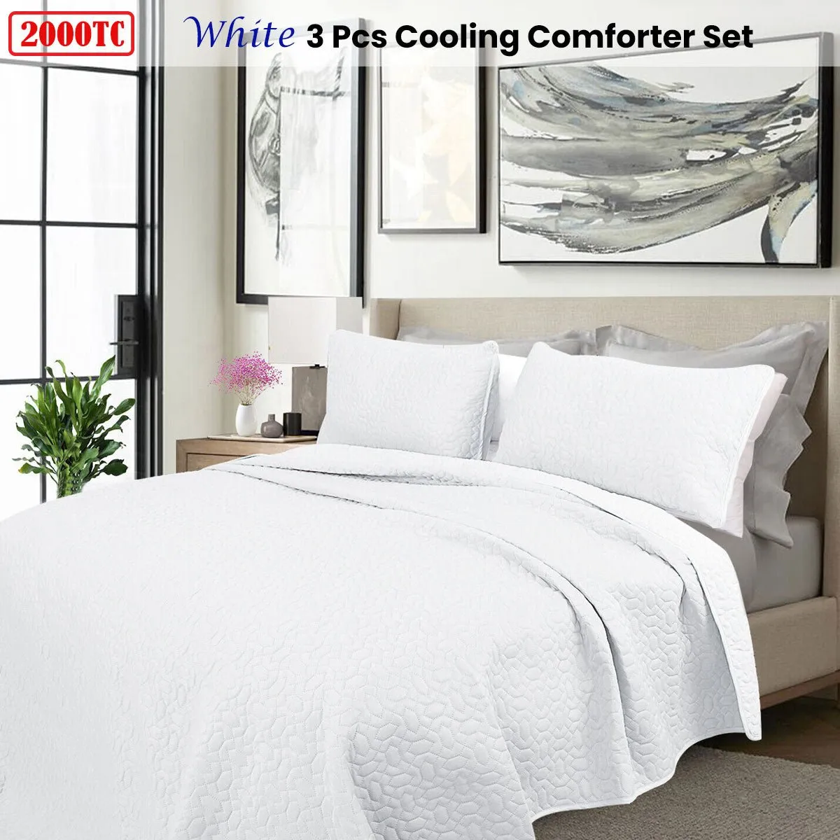 2000TC White Cooling Embroidered 3 Pcs Comforter Set King