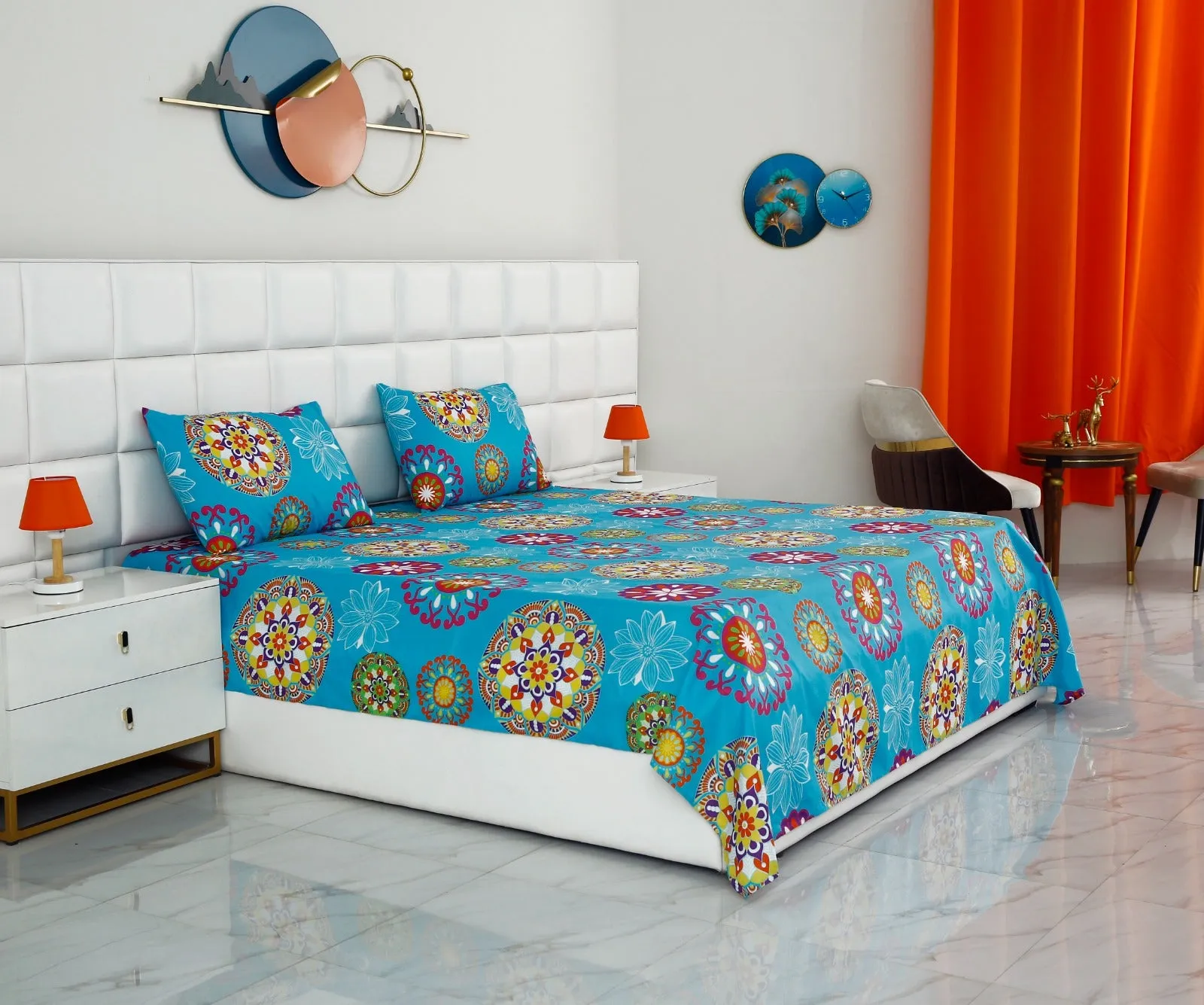 2Pcs Single Bed Sheet-Turquoise Flower