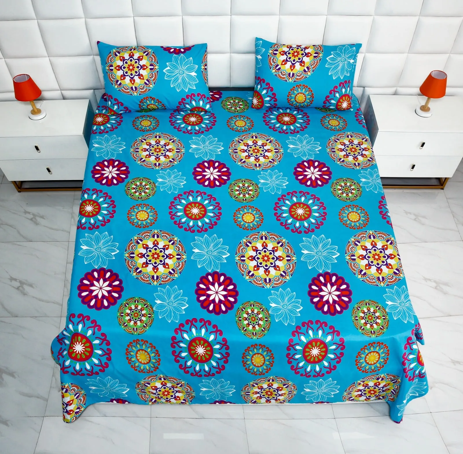 2Pcs Single Bed Sheet-Turquoise Flower