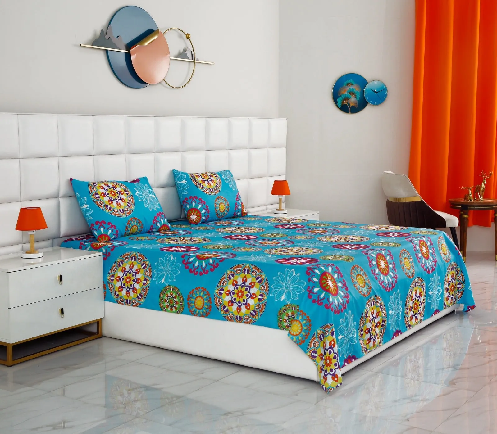 2Pcs Single Bed Sheet-Turquoise Flower