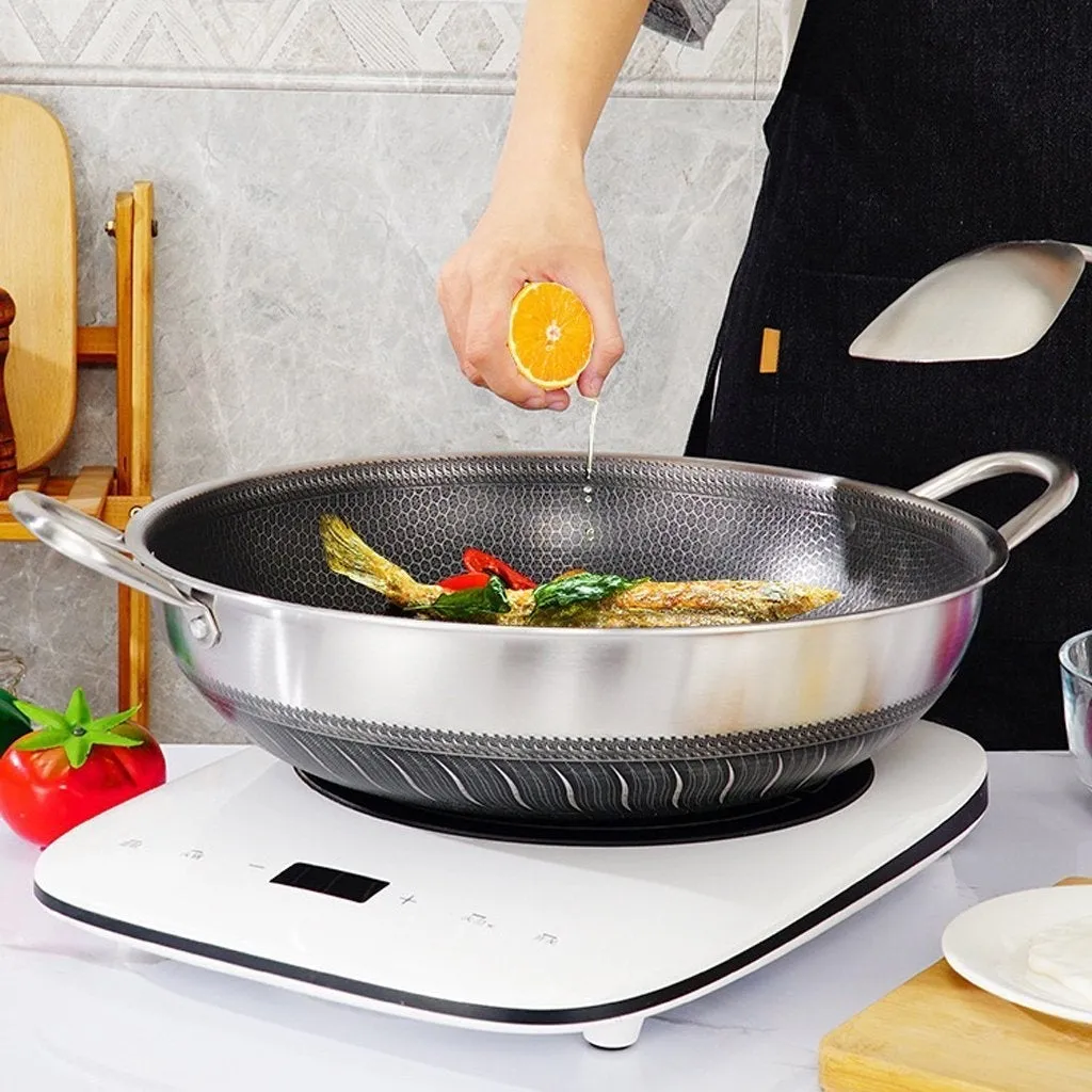 316 Stainless Steel 34cm Non-Stick Stir Fry Cooking Kitchen Wok Pan Honeycomb Double Sided