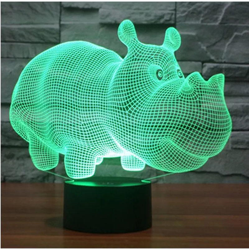 3D LED Night Lights Rhinoceros Hippo 7 Colors Light Home Decoration Table Lamp Illusion Lighting