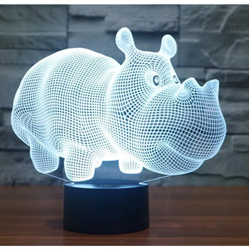 3D LED Night Lights Rhinoceros Hippo 7 Colors Light Home Decoration Table Lamp Illusion Lighting