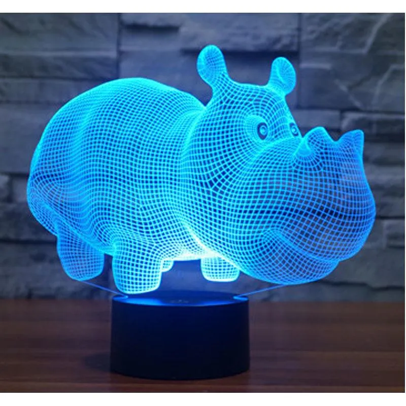 3D LED Night Lights Rhinoceros Hippo 7 Colors Light Home Decoration Table Lamp Illusion Lighting