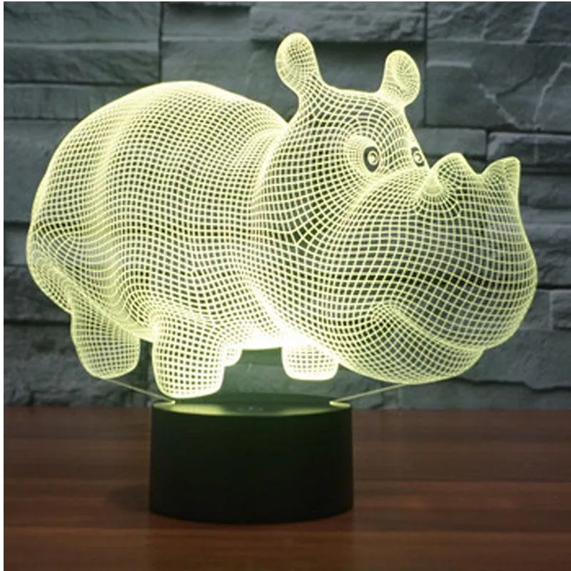 3D LED Night Lights Rhinoceros Hippo 7 Colors Light Home Decoration Table Lamp Illusion Lighting