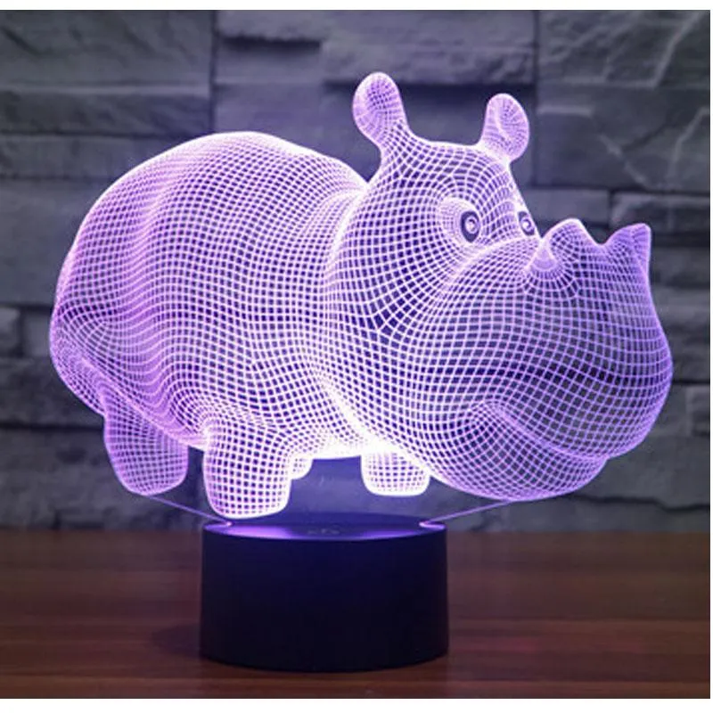 3D LED Night Lights Rhinoceros Hippo 7 Colors Light Home Decoration Table Lamp Illusion Lighting