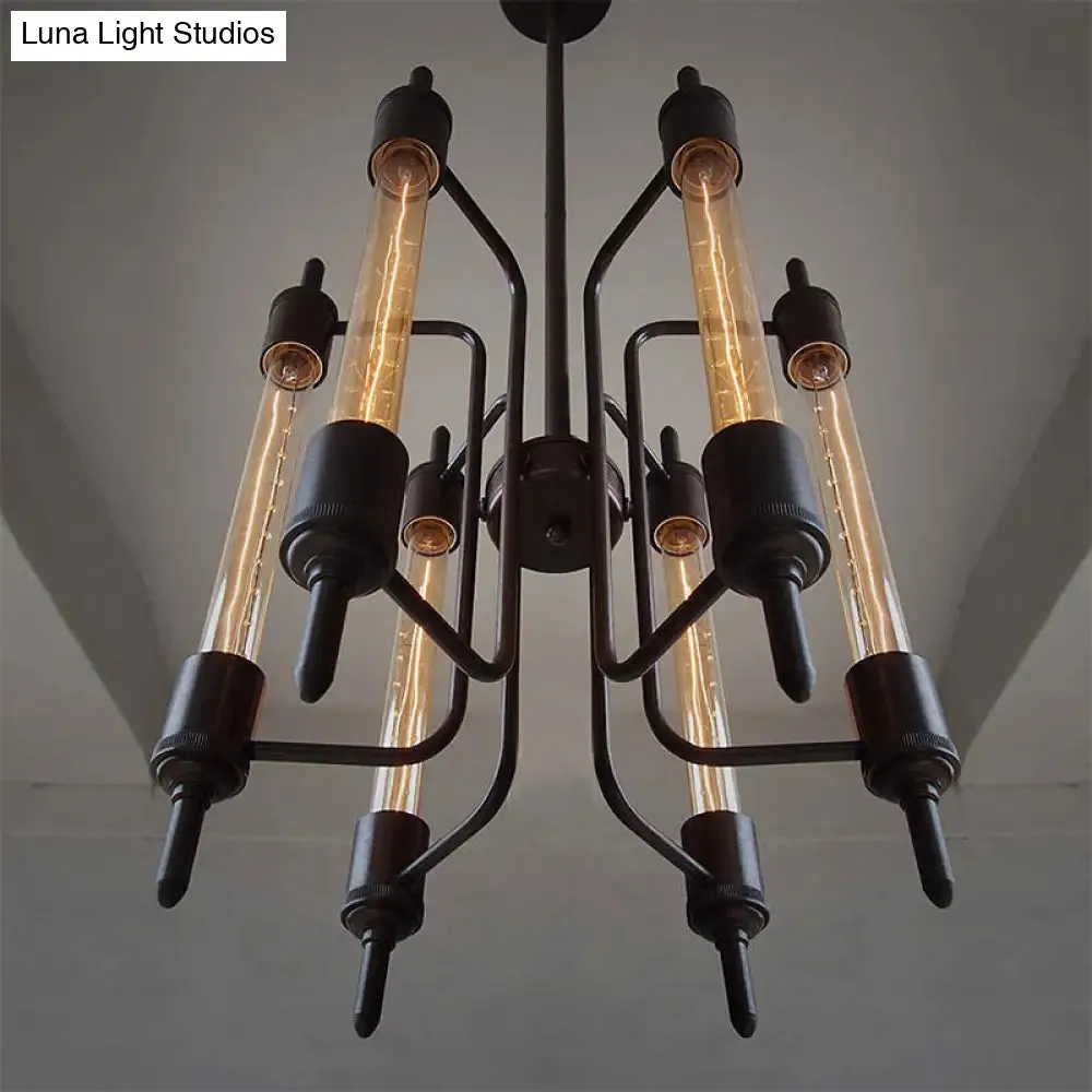 6-Light Linear Hanging Pendant Lamp in Farmhouse Black Metal for Restaurants