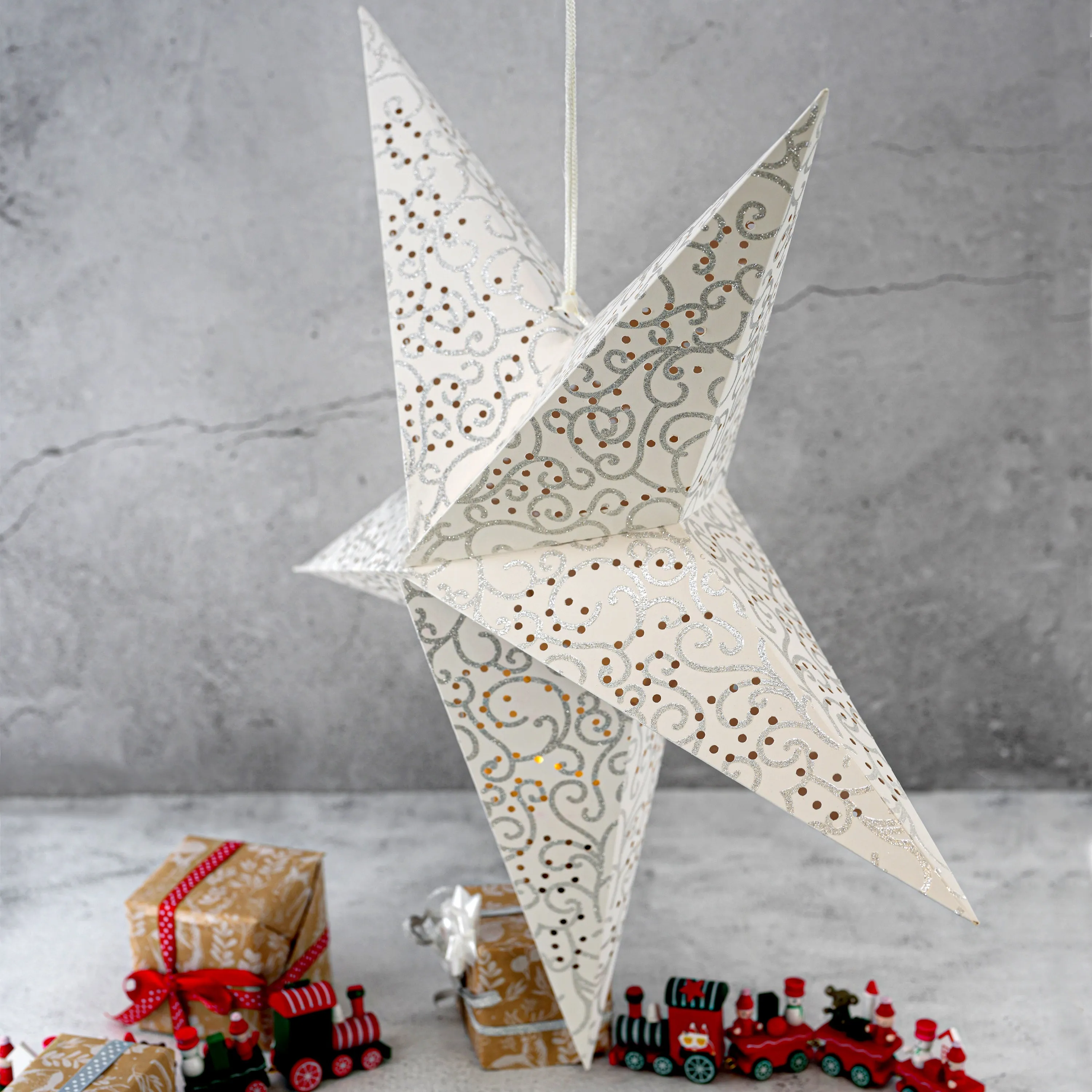 60 cm LED White Glitter Hanging Paper Star