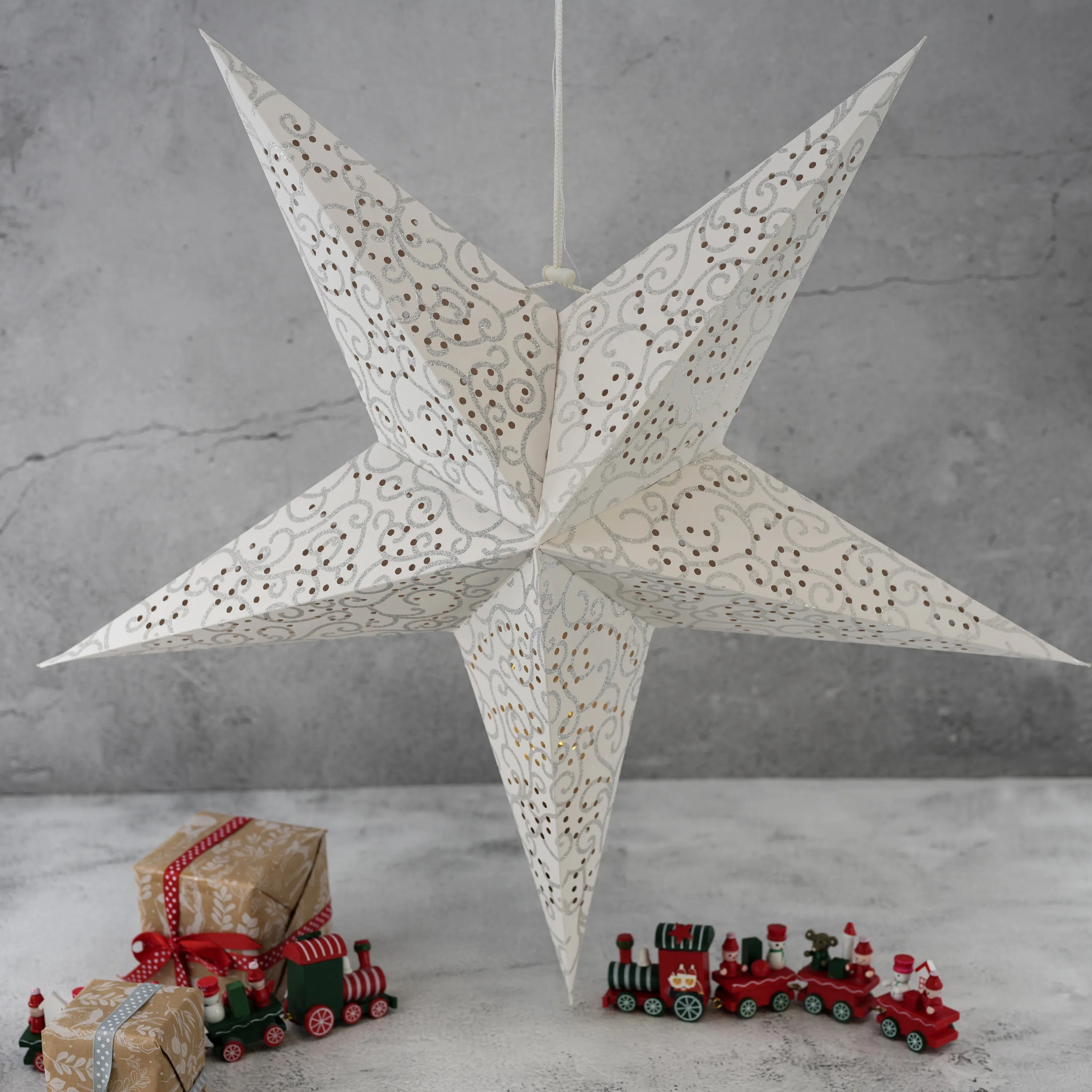 60 cm LED White Glitter Hanging Paper Star