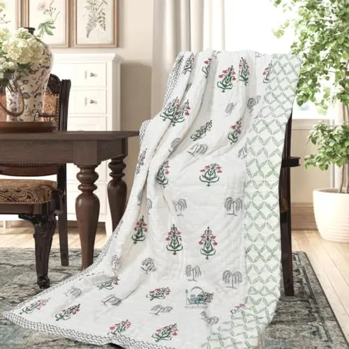 AARMOZY Cotton Jaipuri Razai Single Bed Hand Block Floral Buta Bail Print Quilt Blanket - Green/Pink (Single Bed B)