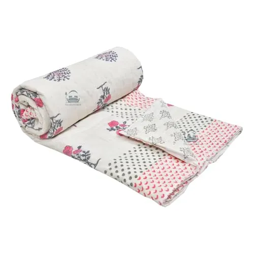 AARMOZY Cotton Jaipuri Razai Single Bed Hand Block Print Floral Quilt Blanket - Pink/Gery (Single Bed I)