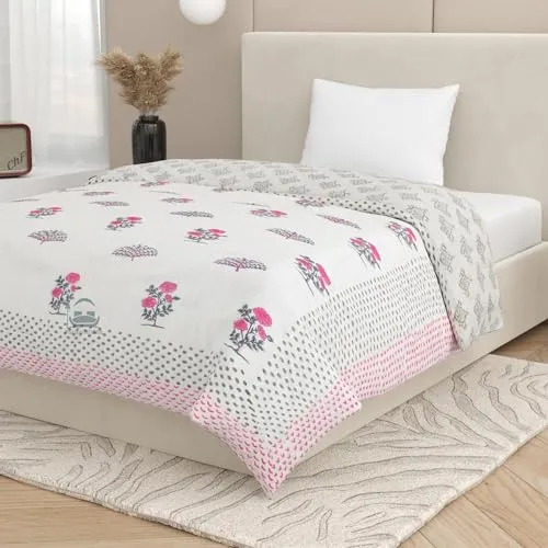 AARMOZY Cotton Jaipuri Razai Single Bed Hand Block Print Floral Quilt Blanket - Pink/Gery (Single Bed I)