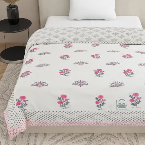 AARMOZY Cotton Jaipuri Razai Single Bed Hand Block Print Floral Quilt Blanket - Pink/Gery (Single Bed I)