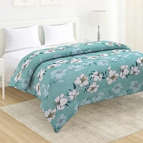 AC Comforter and Bedding Set for Double Bed, Hibiscus Floral Turquoise