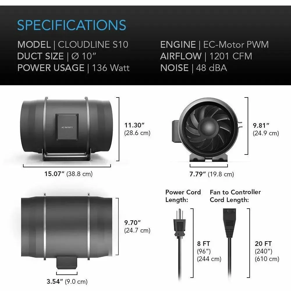 AC Infinity CLOUDLINE S10 Inline Duct Fan System with Speed Controller, 10"