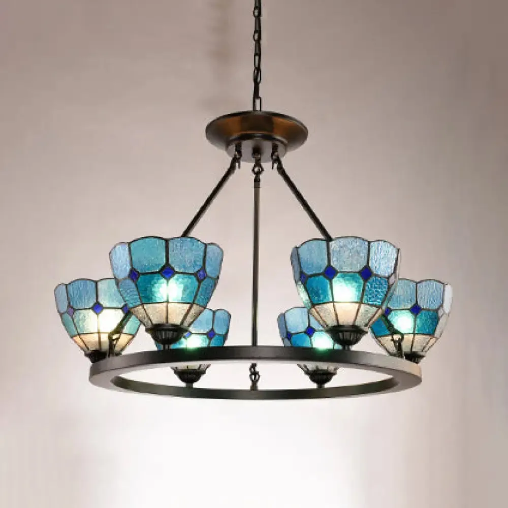 Adjustable Tiffany Stained Glass Chandelier with 6 Blue/Yellow Pendant Lights