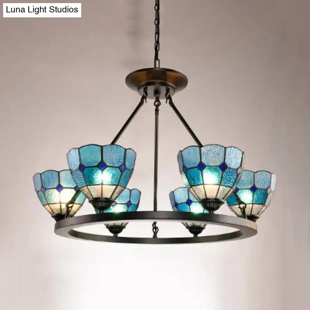 Adjustable Tiffany Stained Glass Chandelier with 6 Blue/Yellow Pendant Lights