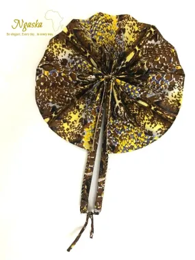 African Ankara Leather Handheld Fan, Earthly Brown - AF4