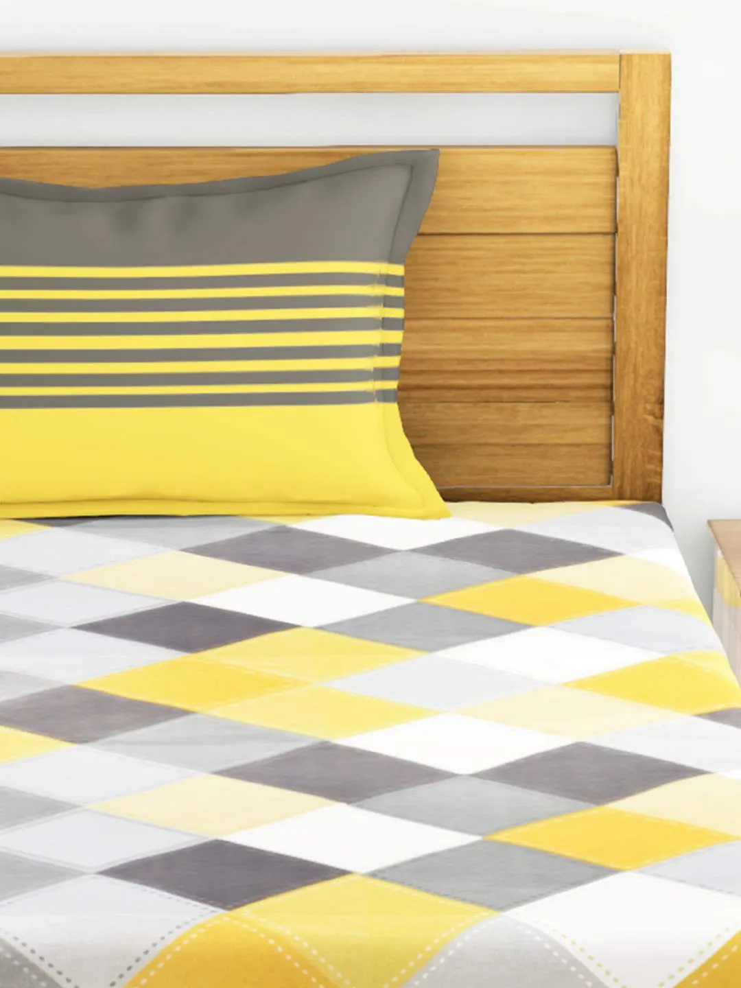 Ahmedabad Cotton 144 TC Cotton Single Bedsheet with 1 Pillow Cover - Yellow and Grey