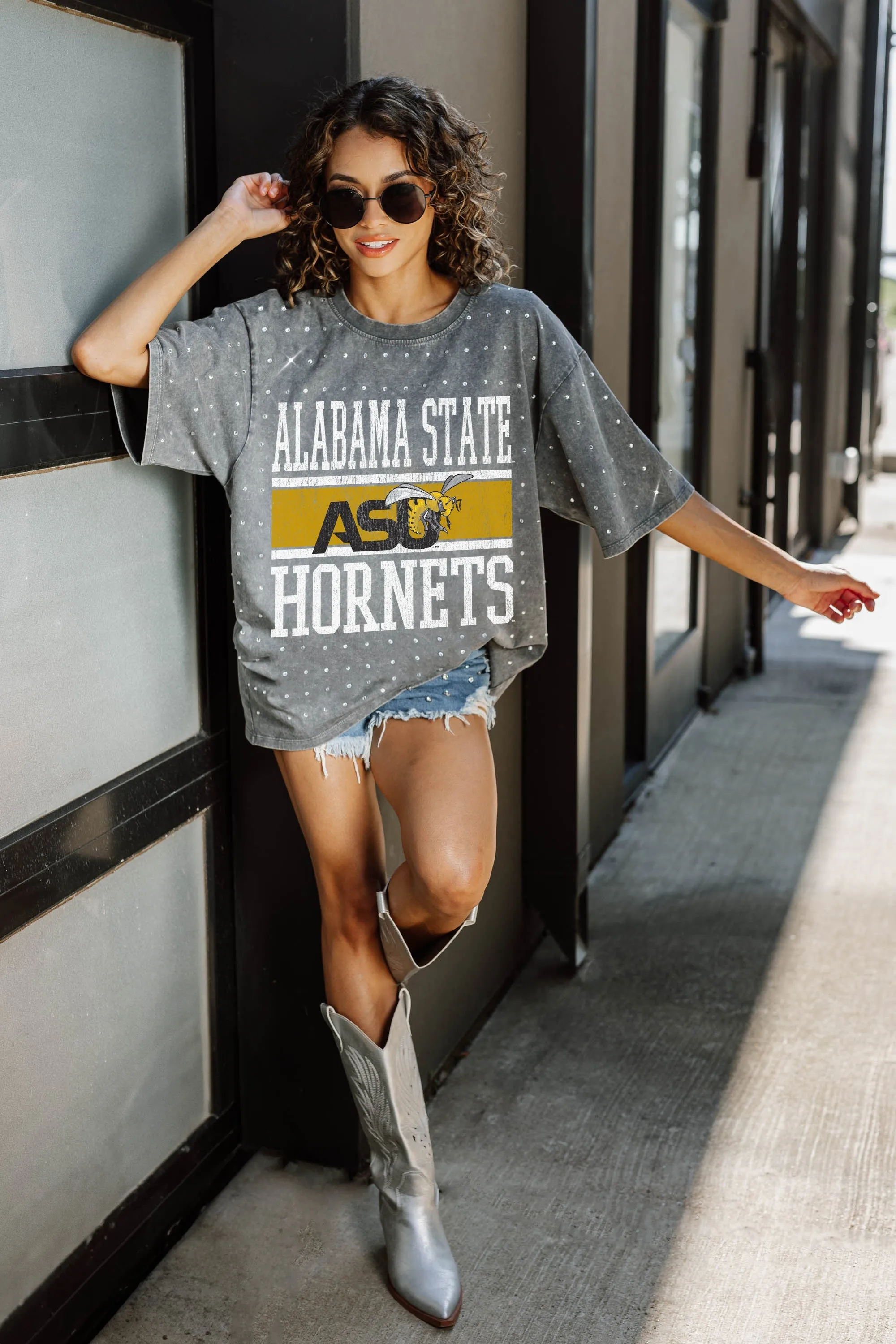 ALABAMA STATE HORNETS ON THE BALL MINI RHINESTONE SHORT SLEEVE CLASSIC TEE