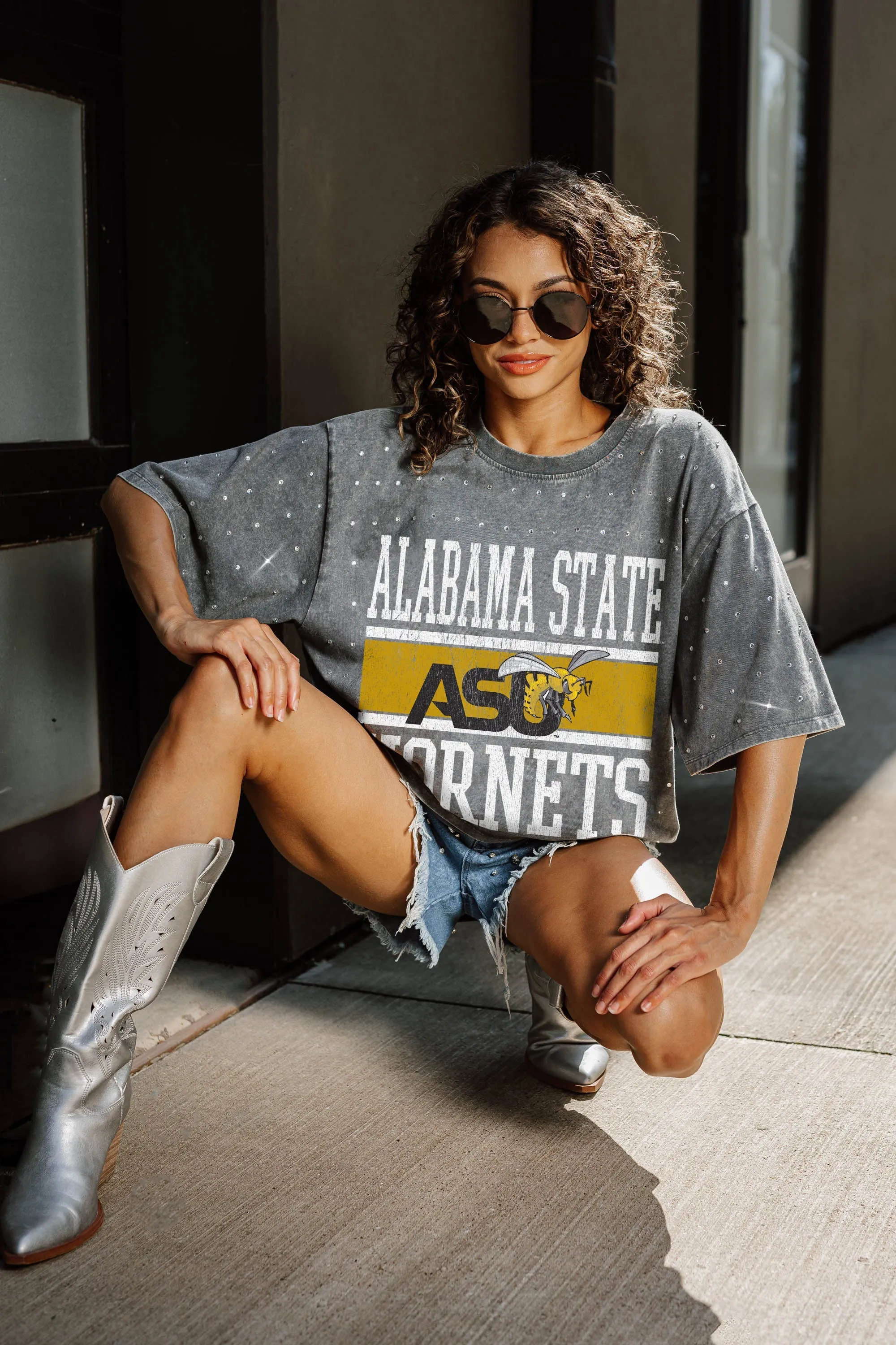 ALABAMA STATE HORNETS ON THE BALL MINI RHINESTONE SHORT SLEEVE CLASSIC TEE