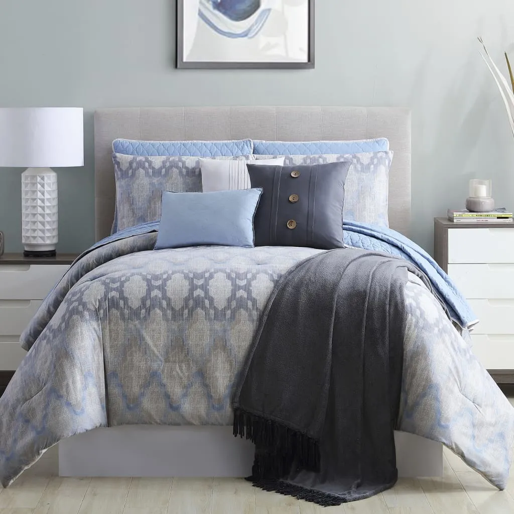 Andria 10 Piece King Size Comforter and Coverlet Set, Blue and Gray By Casagear Home