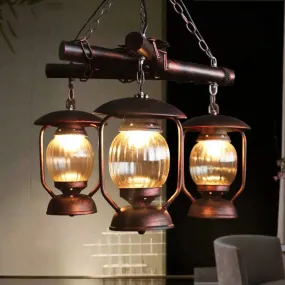 Antique Red Brown 3-Light Chandelier: Kerosene Pendant Lighting for Dining Room