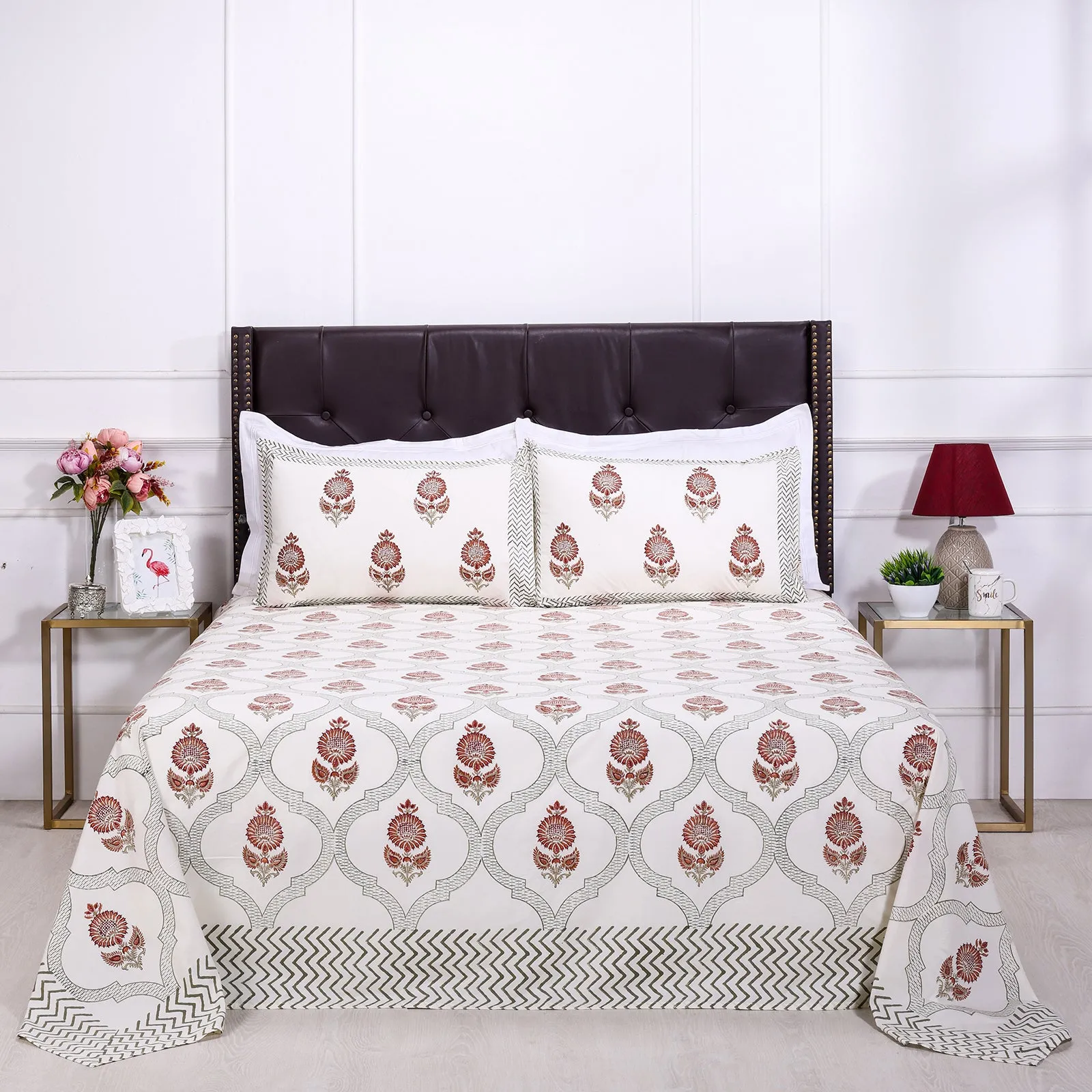 Ashoka Flower Jaal New Cream Cotton Percale Bedsheet