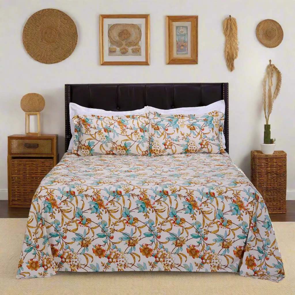 Azalea Garden Offwhite Cotton Bedsheet