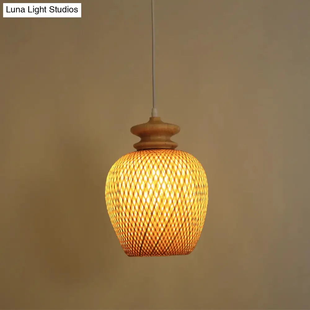 Bamboo Urn Suspension Light: Traditional Wood Ceiling Fixture for 1 Bulb