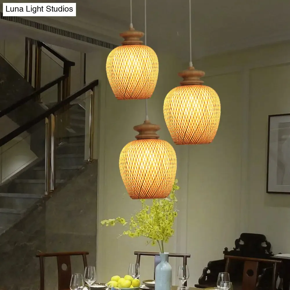 Bamboo Urn Suspension Light: Traditional Wood Ceiling Fixture for 1 Bulb