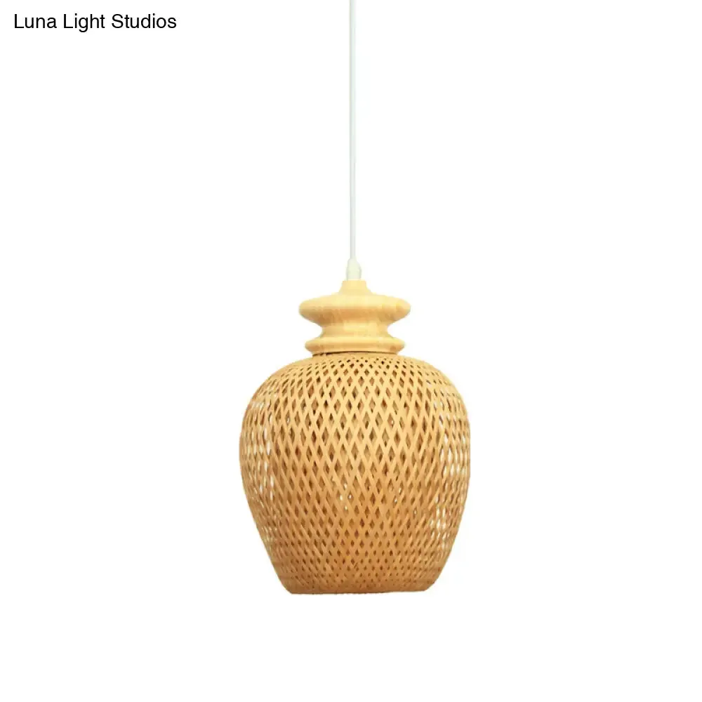 Bamboo Urn Suspension Light: Traditional Wood Ceiling Fixture for 1 Bulb