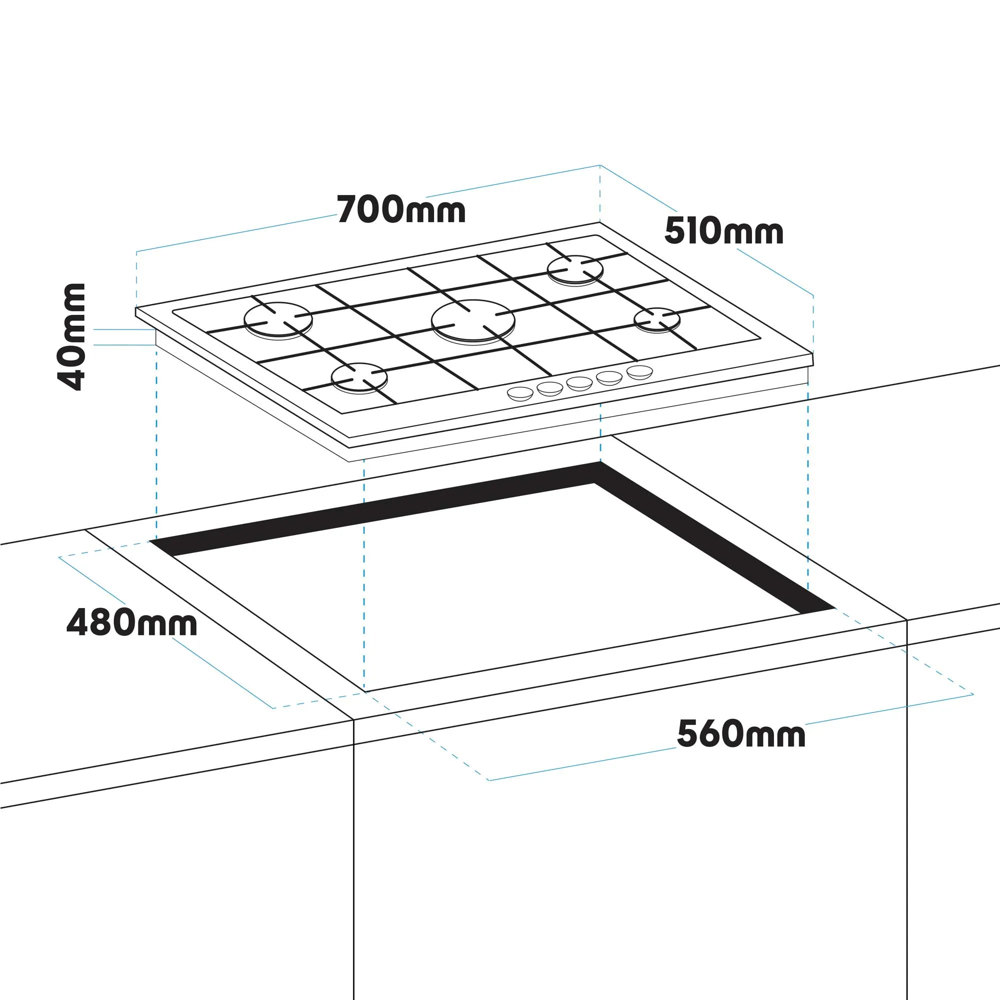 Baridi 70cm Gas Hob Built-In, 5 Burner and Cast Iron Pan Supports, Stainless Steel - DH227