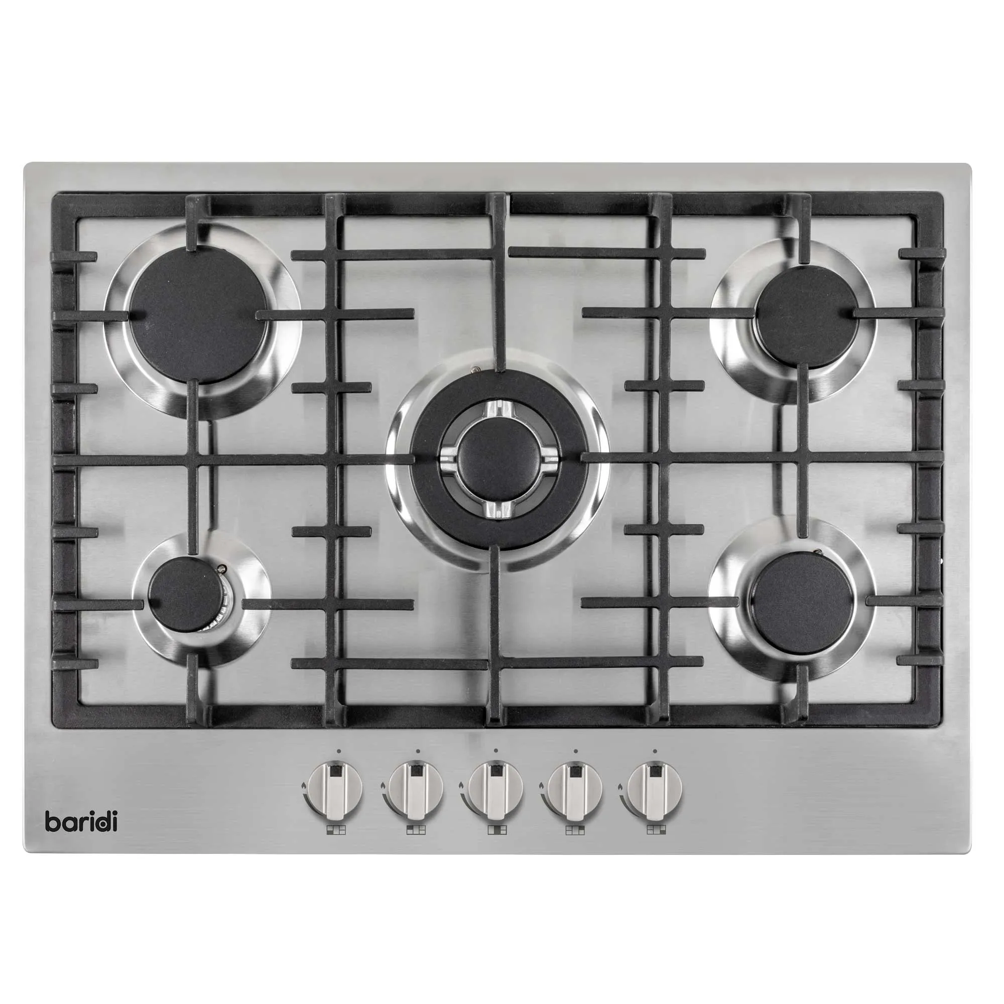 Baridi 70cm Gas Hob Built-In, 5 Burner and Cast Iron Pan Supports, Stainless Steel - DH227