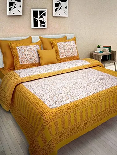 BedZone Cotton Rajasthani Jaipuri King Size Double Bed Set 2 Double Bedsheet with 4 Pillow Cover Combo (Multicolor)