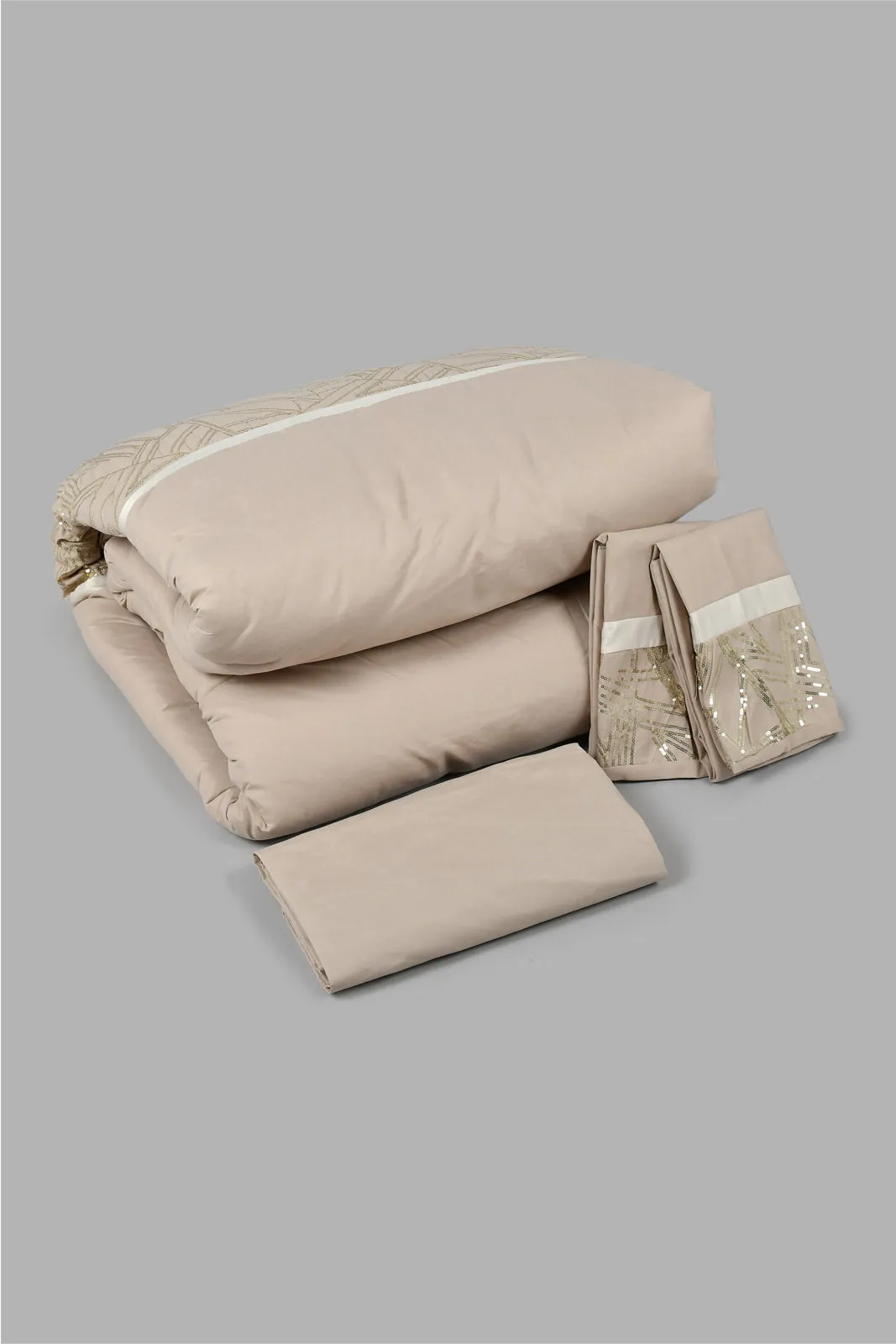 Beige 4-Piece Embellished Comforter Set (Double Size)