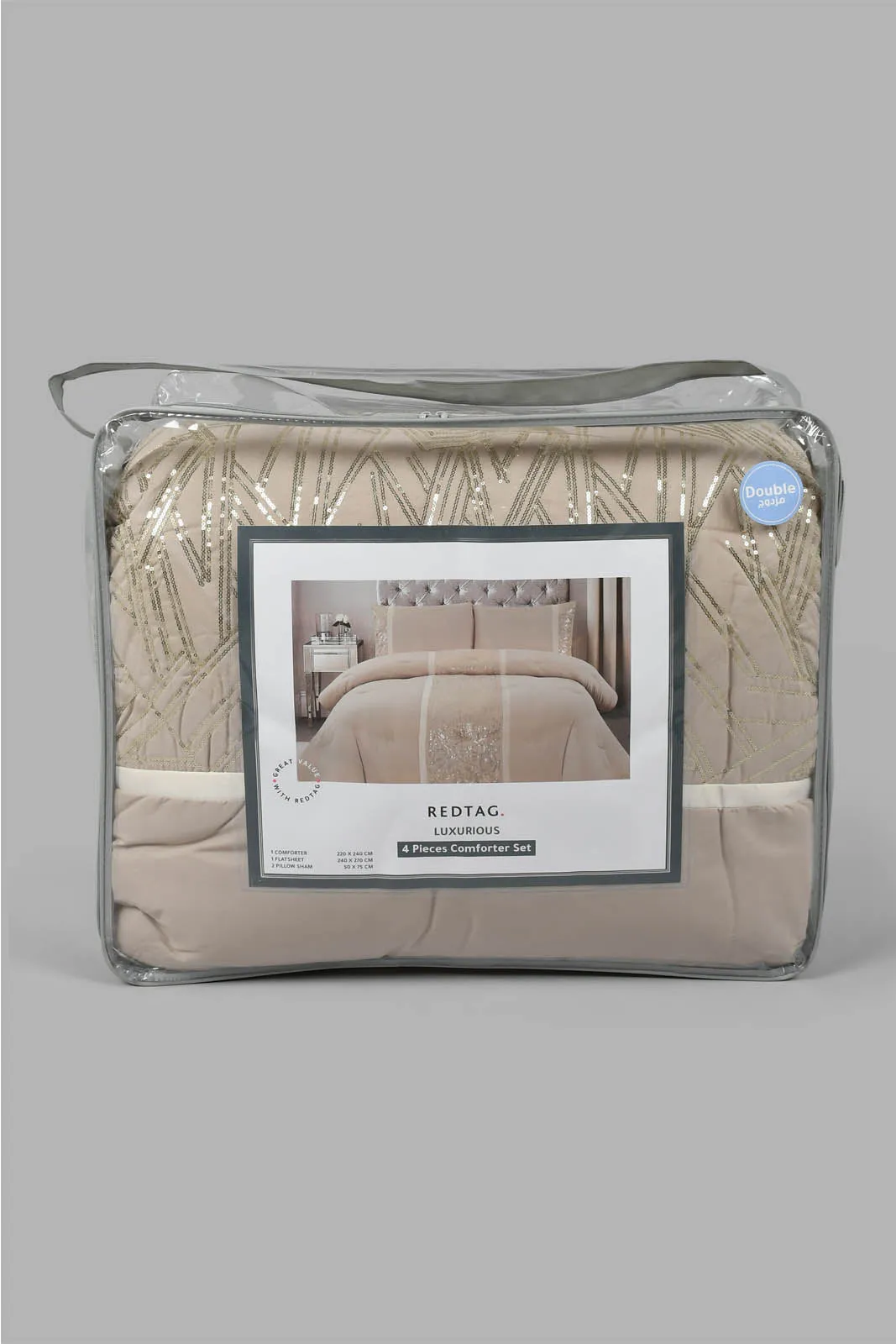 Beige 4-Piece Embellished Comforter Set (Double Size)