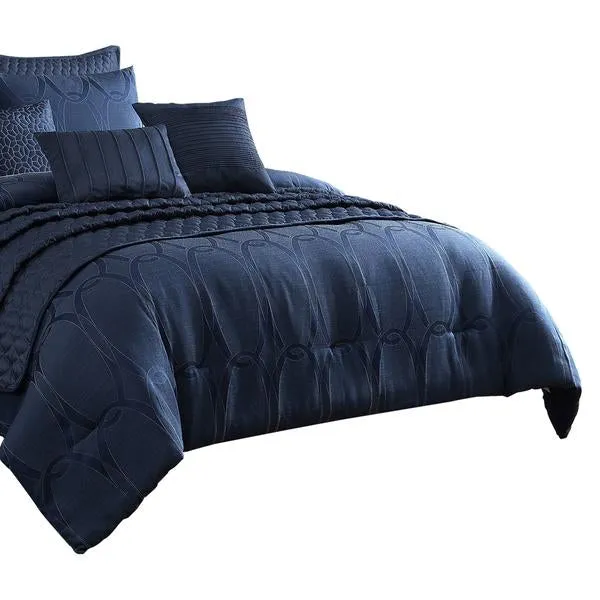 Benzara 10 Piece Queen Polyester Comforter Set with Geometric Print, Dark Blue