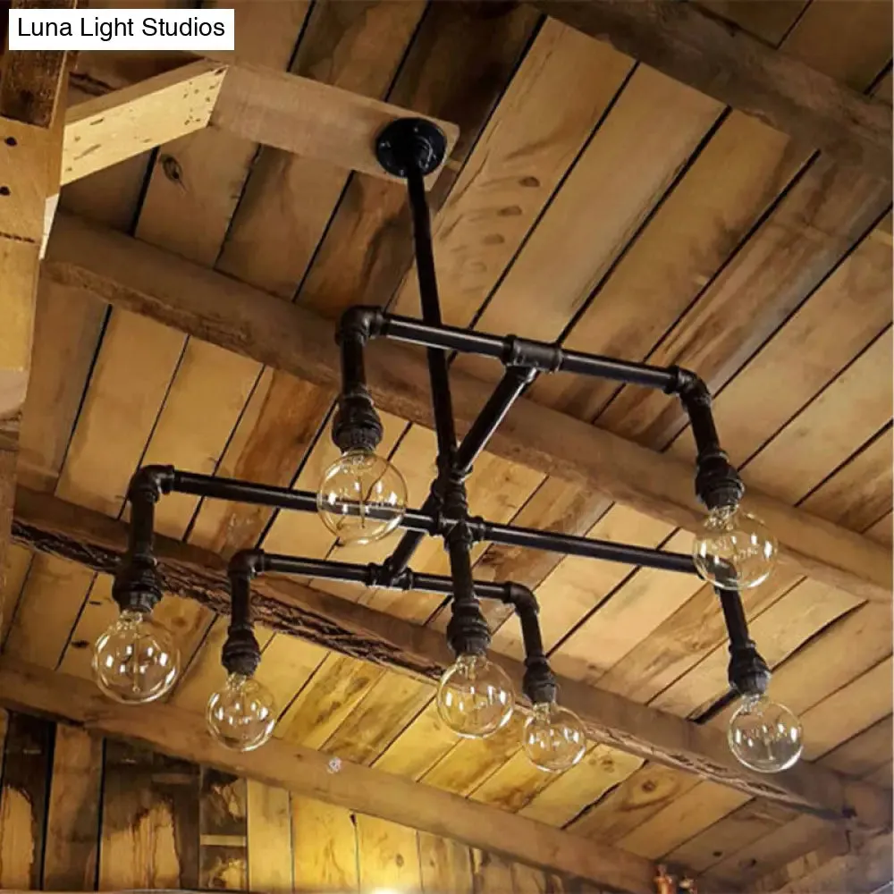 Black Metal Water Pipe Chandelier Lamp - Industrial 7-Head Pendant Lighting Fixture for Dining Room