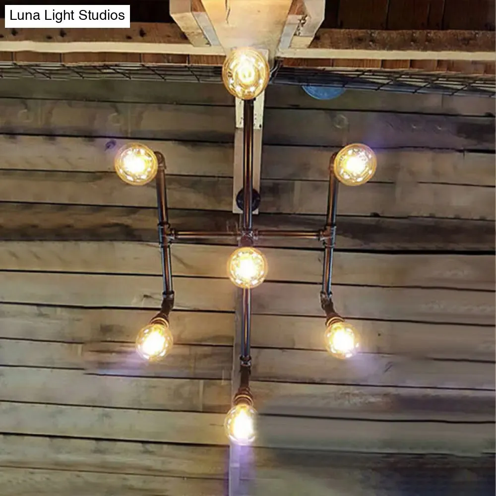 Black Metal Water Pipe Chandelier Lamp - Industrial 7-Head Pendant Lighting Fixture for Dining Room